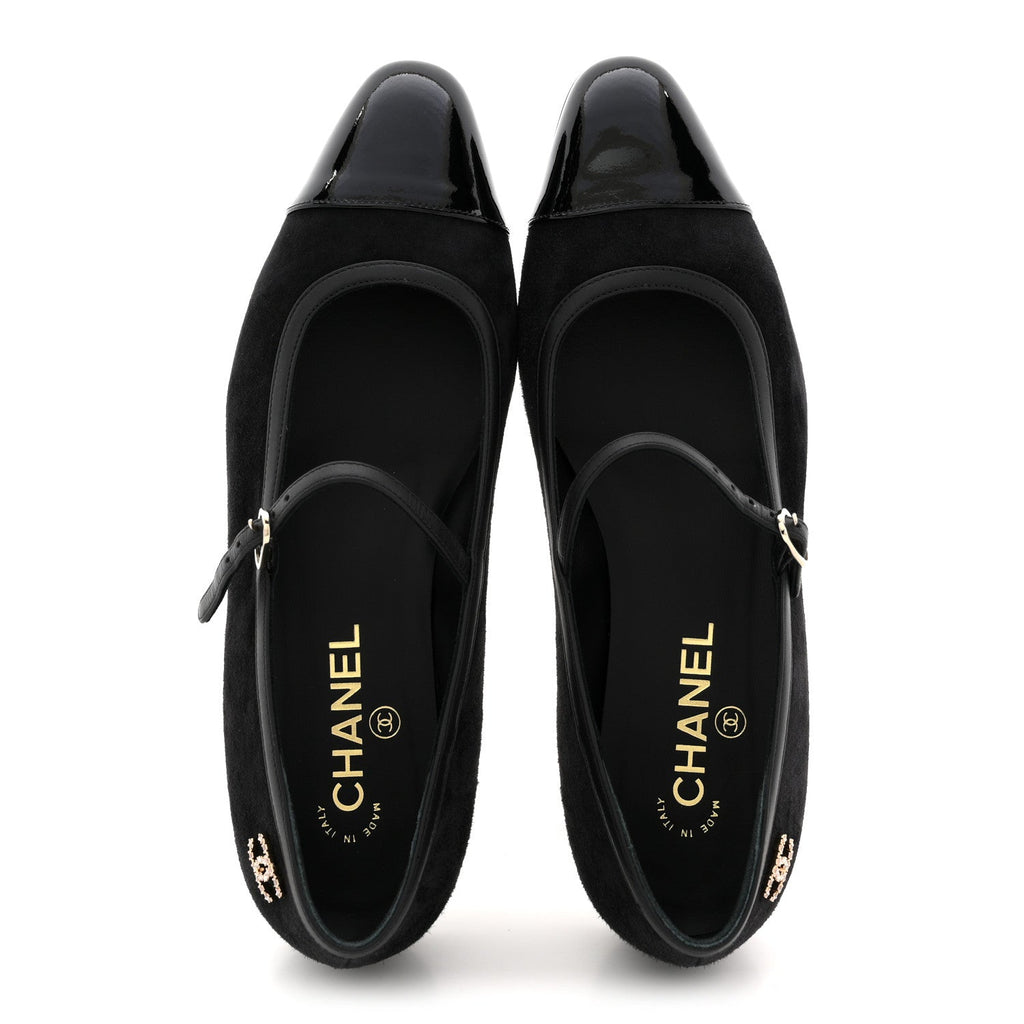 SUEDE KIDSKIN LAMBSKIN PATENT CALFSKIN CRYSTAL CC CAP TOE FLATS BLACK
