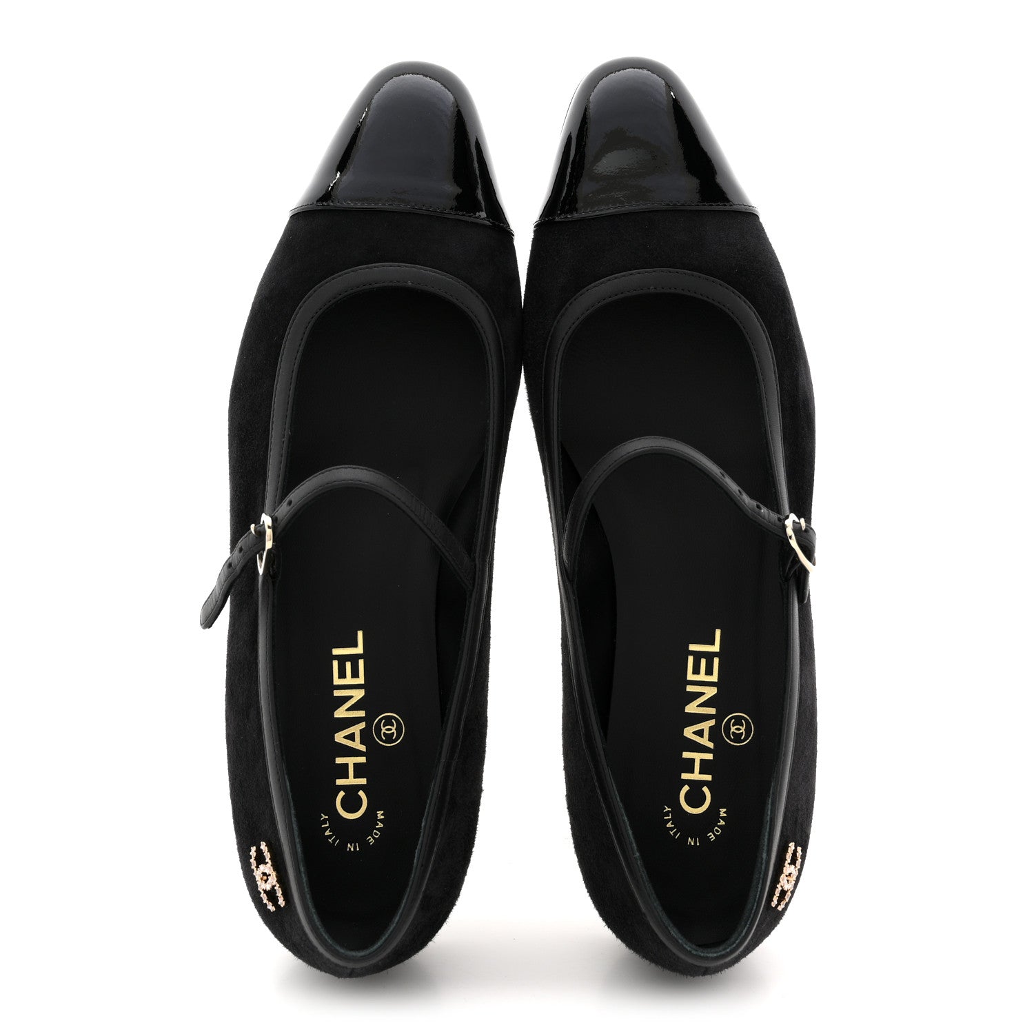 SUEDE KIDSKIN LAMBSKIN PATENT CALFSKIN CRYSTAL CC CAP TOE FLATS BLACK
