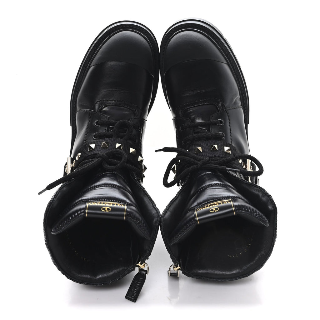 CALFSKIN NYLON QUILTED WATERPROOF ROCKSTUD COMBAT BOOTS BLACK
