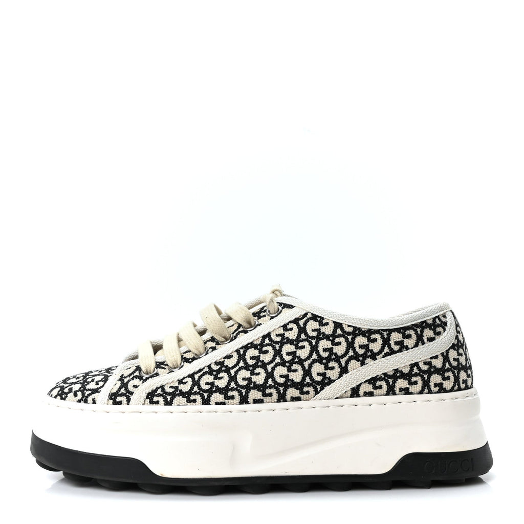 GG MONOGRAM JACQUARD WOMENS 1977 TENNIS PLATFORM 52MM SNEAKERS BLACK MYSTIC WHITE