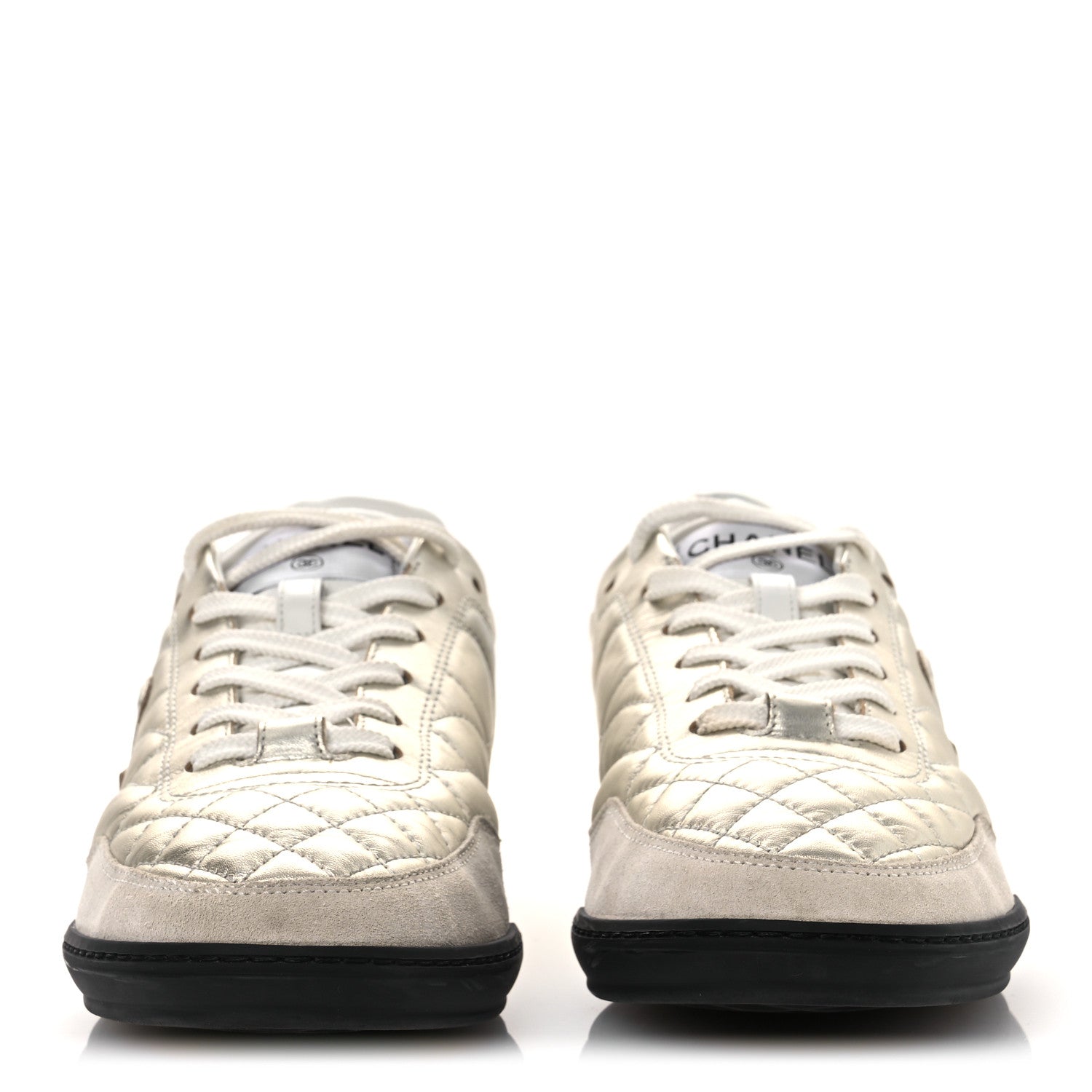 LAMINATED CALFSKIN SUEDE QUILTED WOMENS CC SNEAKERS SILVER WHITE