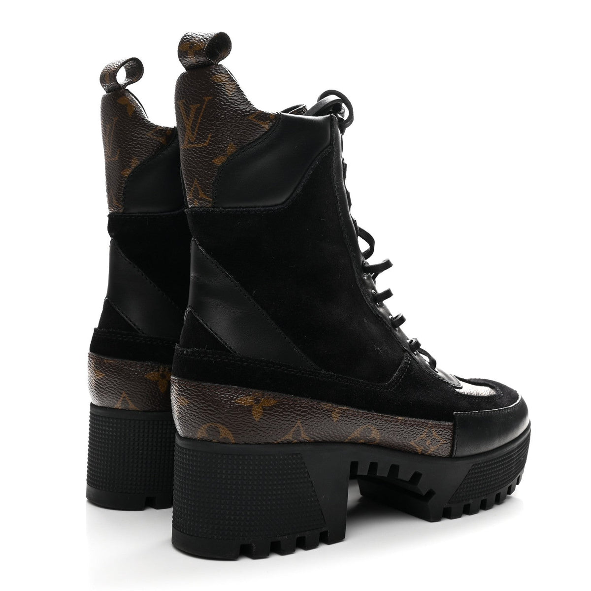 LOUIS VUITTON SUEDE CALFSKIN MONOGRAM LAUREATE PLATFORM DESERT BOOT BLACK WITH LV HEART PATCHES