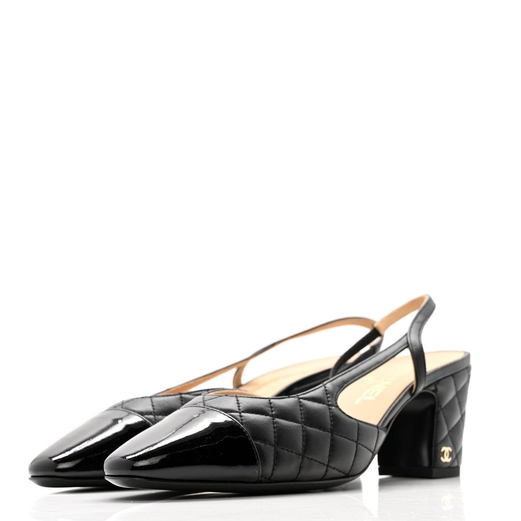 LAMBSKIN PATENT CALFSKIN QUILTED CAP TOE CC SLINGBACK PUMPS BLACK