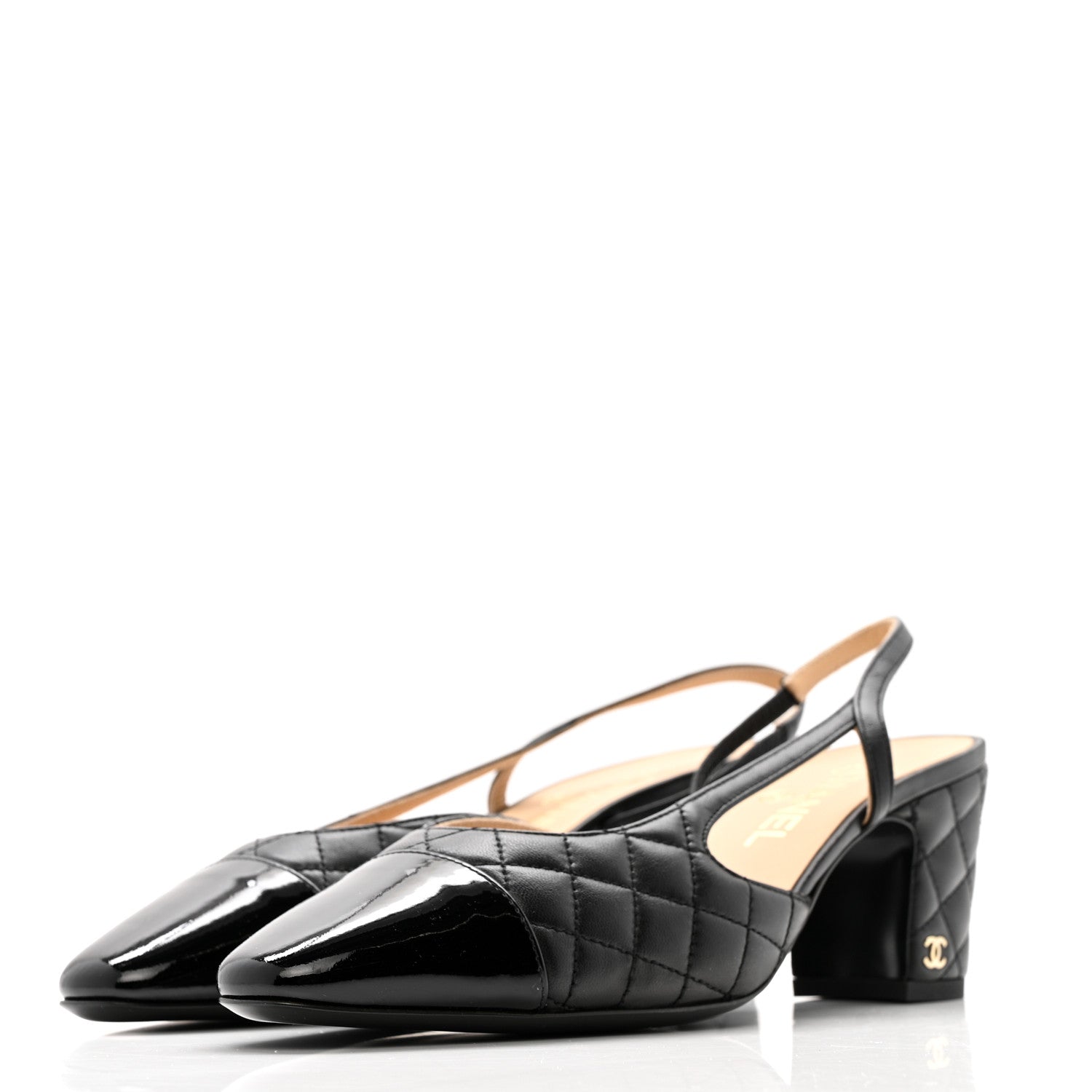 LAMBSKIN PATENT CALFSKIN QUILTED CAP TOE CC SLINGBACK PUMPS BLACK