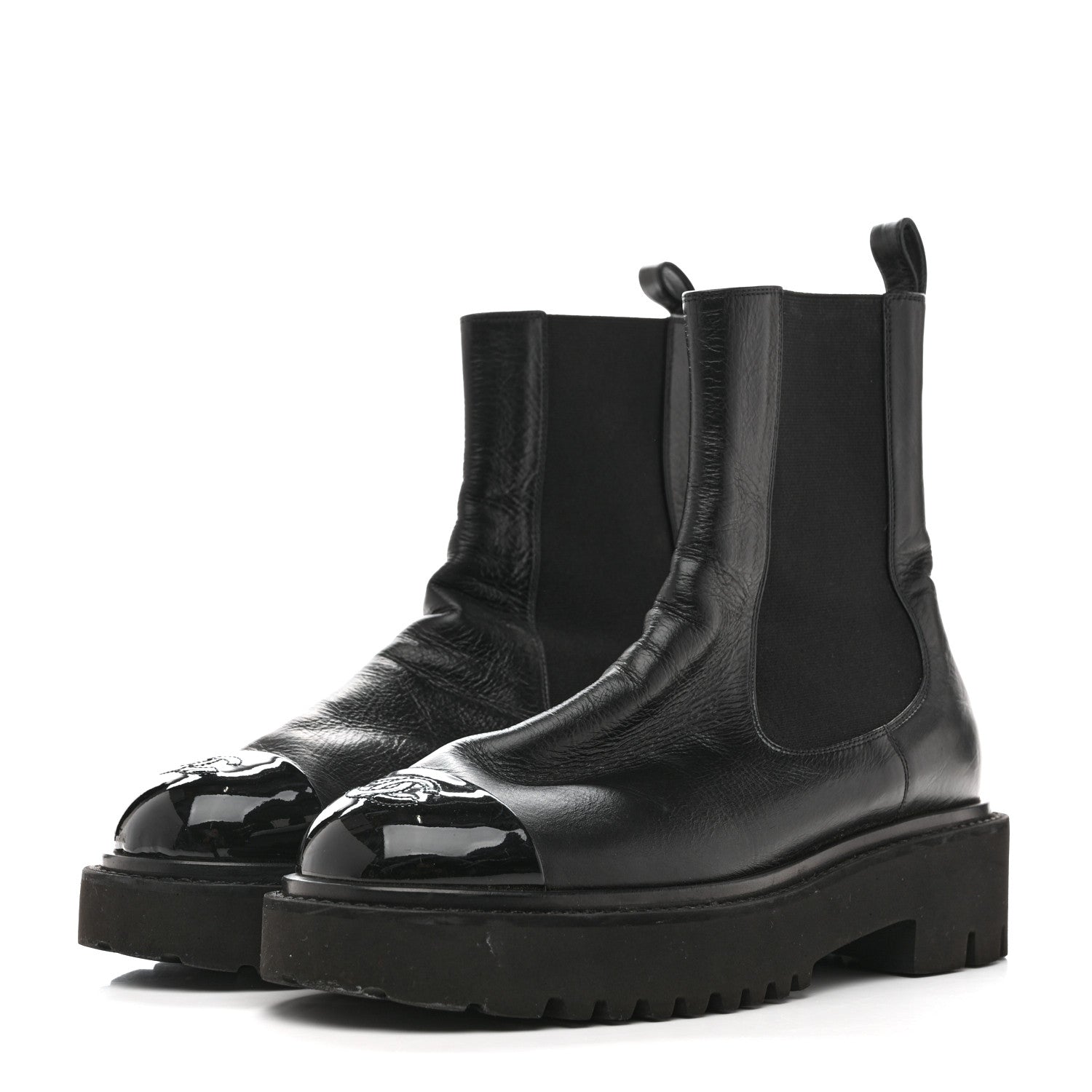 CRUMPLED CALFSKIN PATENT CAP TOE SHORT BOOTS BLACK