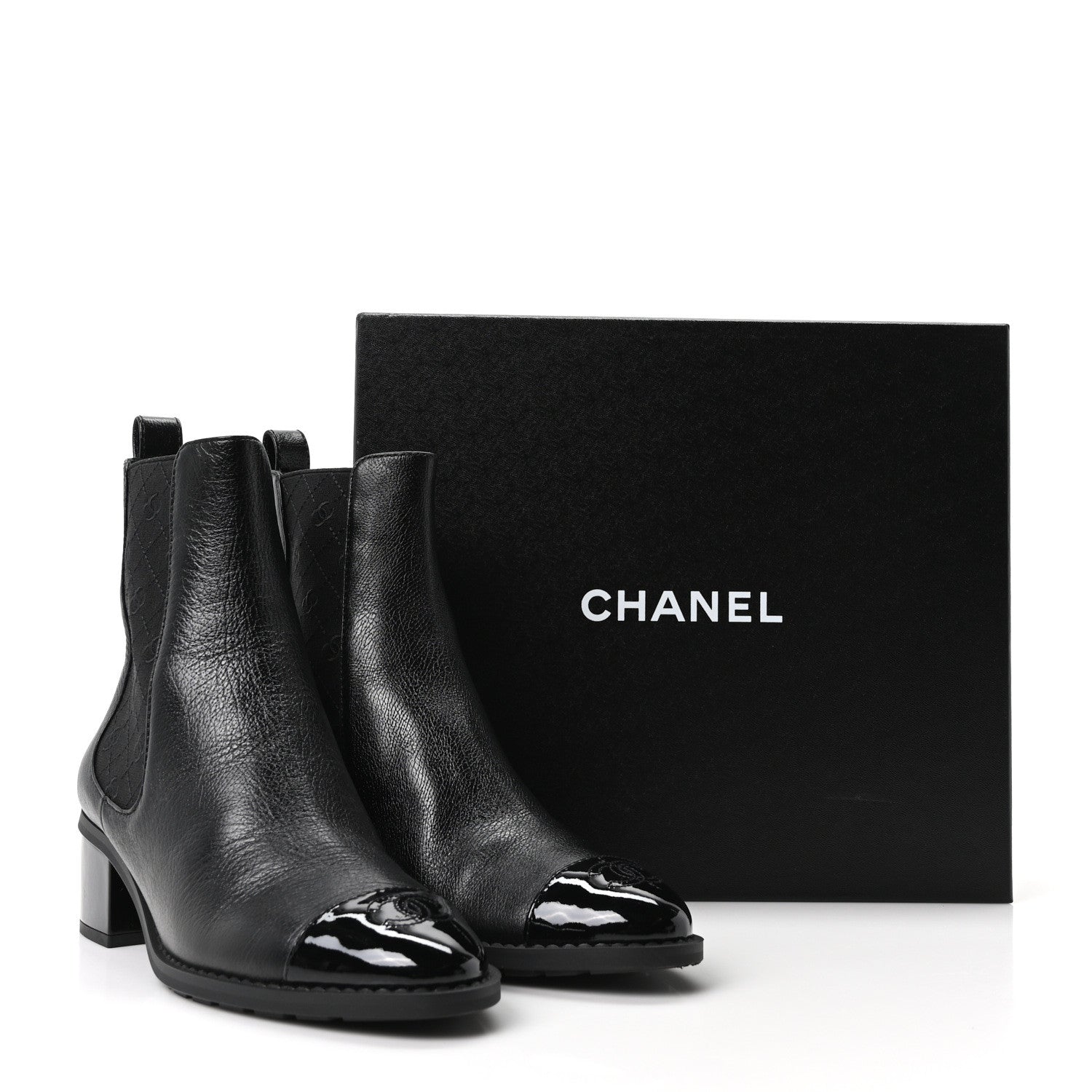 CALFSKIN PATENT CAP TOE CC SHORT BOOTS BLACK