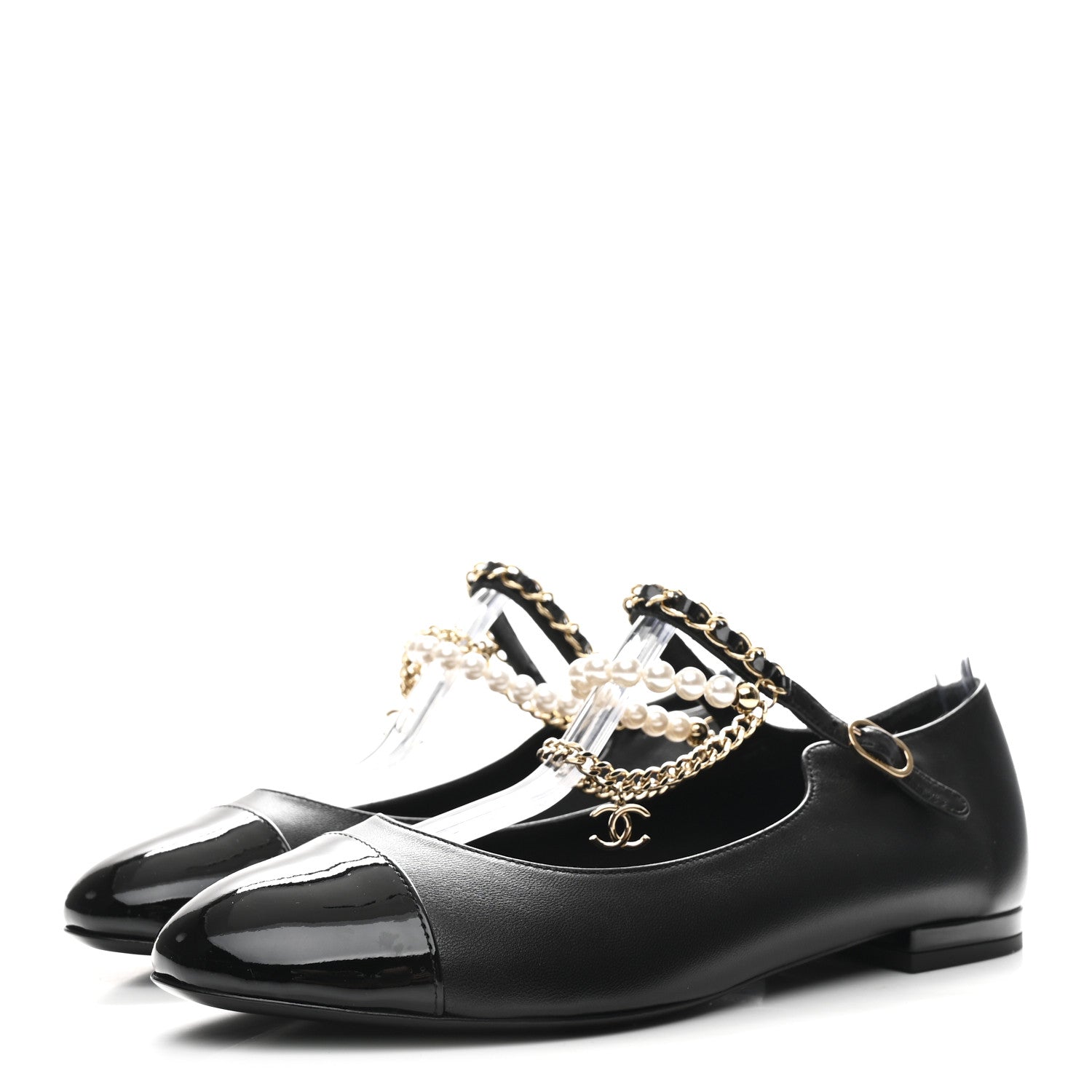 SHINY LAMBSKIN PEARL CAP TOE ANKLE CHAIN BALLERINA FLATS BLACK