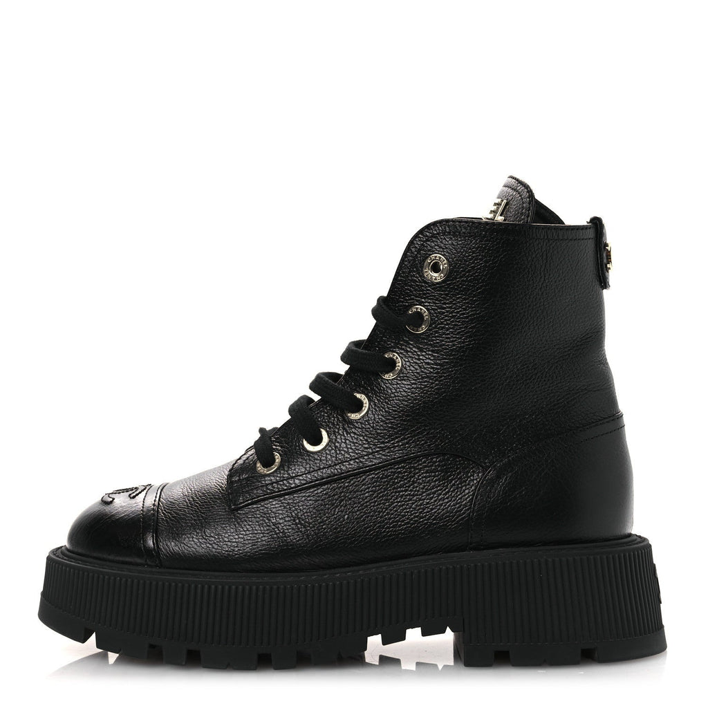 GRAINED CALFSKIN SHINY CALFSKIN CC LACE UP COMBAT BOOTS BLACK