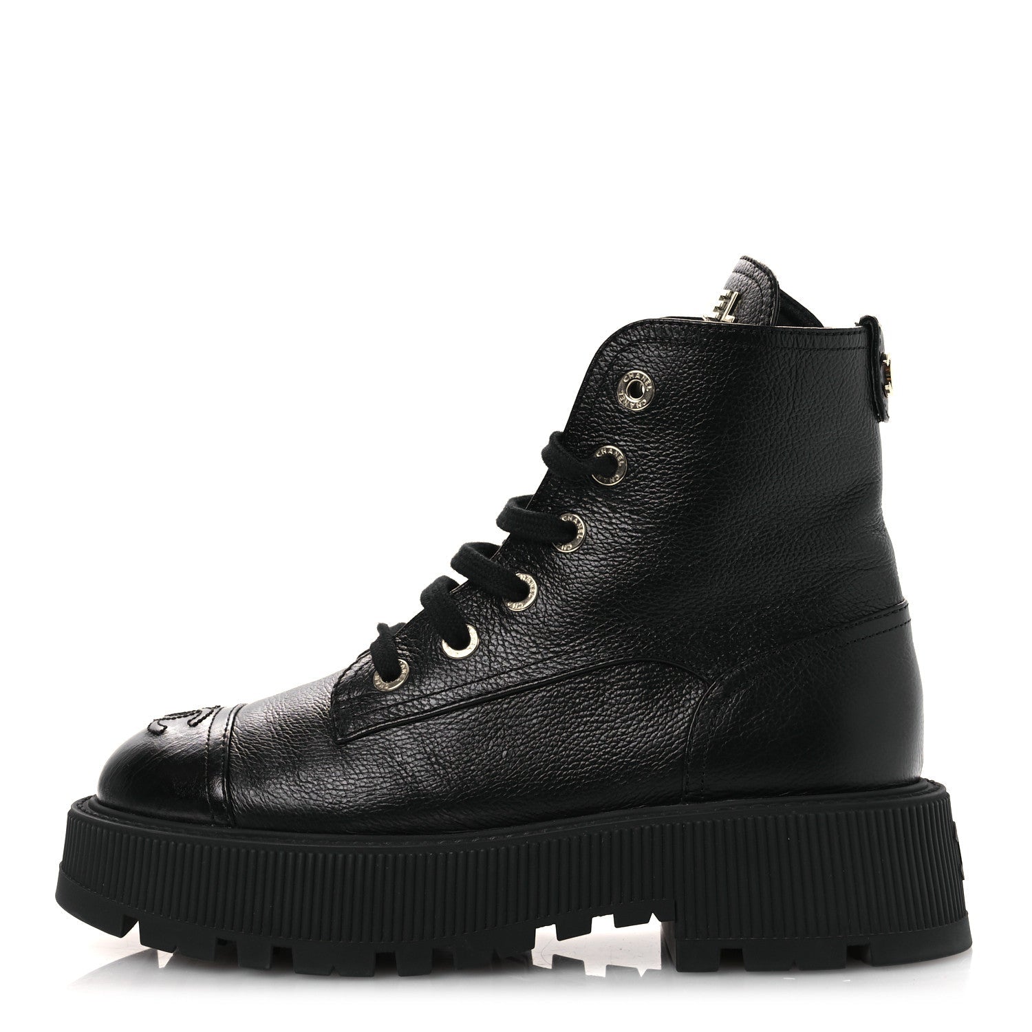 GRAINED CALFSKIN SHINY CALFSKIN CC LACE UP COMBAT BOOTS BLACK