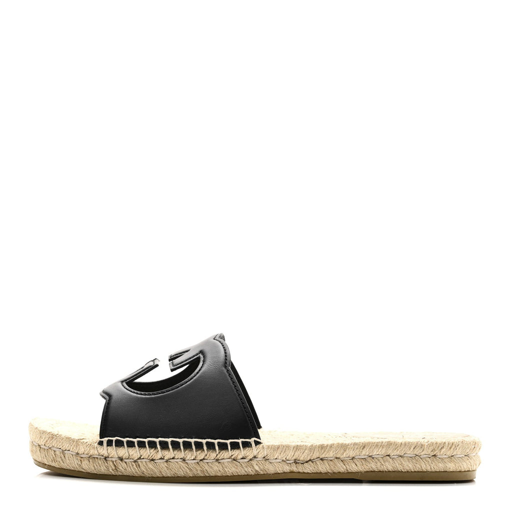 COSMOS SOFTY CALFSKIN ESPADRILLE MENS INTERLOCKING G CUT OUT SLIDE SANDALS BLACK