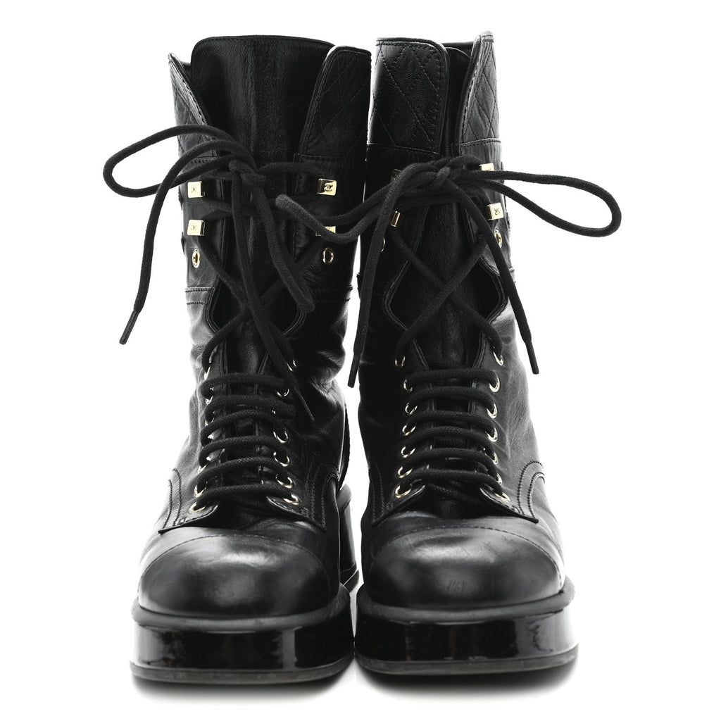 LAMBSKIN PATENT CALFSKIN QUILTED CC LACE UP COMBAT BOOTS BLACK