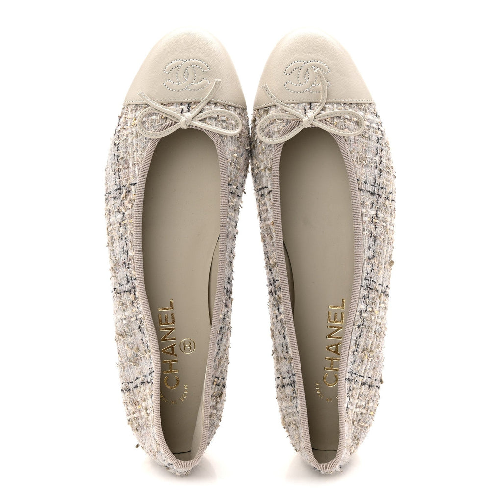 TWEED LAMBSKIN CAP TOE BALLERINA FLATS GREY MULTICOLOR