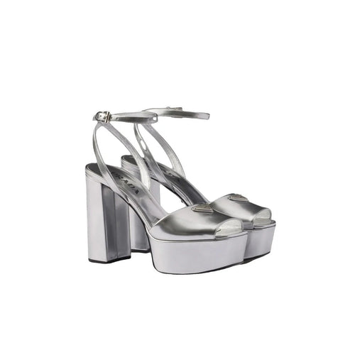 Prada Satin Crystal Triangle Logo Platform Sandals Cristal - Silver