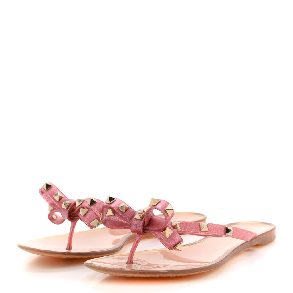 PVC JELLY GLITTER ROCKSTUD BOW THONG SANDALS PINK