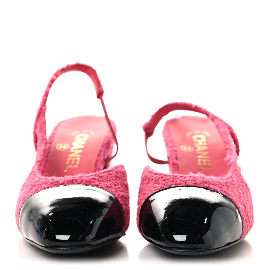 TWEED PATENT CAP TOE CC SLINGBACK PUMPS PINK BLACK