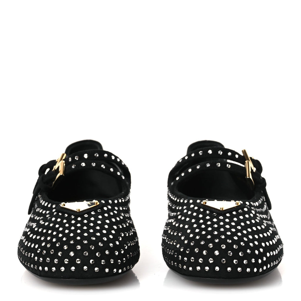SUEDE CRYSTAL STUDDED BALLERINA FLATS BLACK