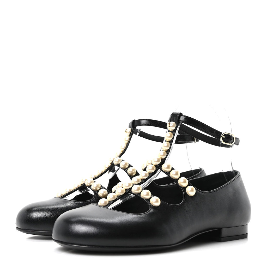 GOATSKIN PEARL MARY JANES FLATS BLACK