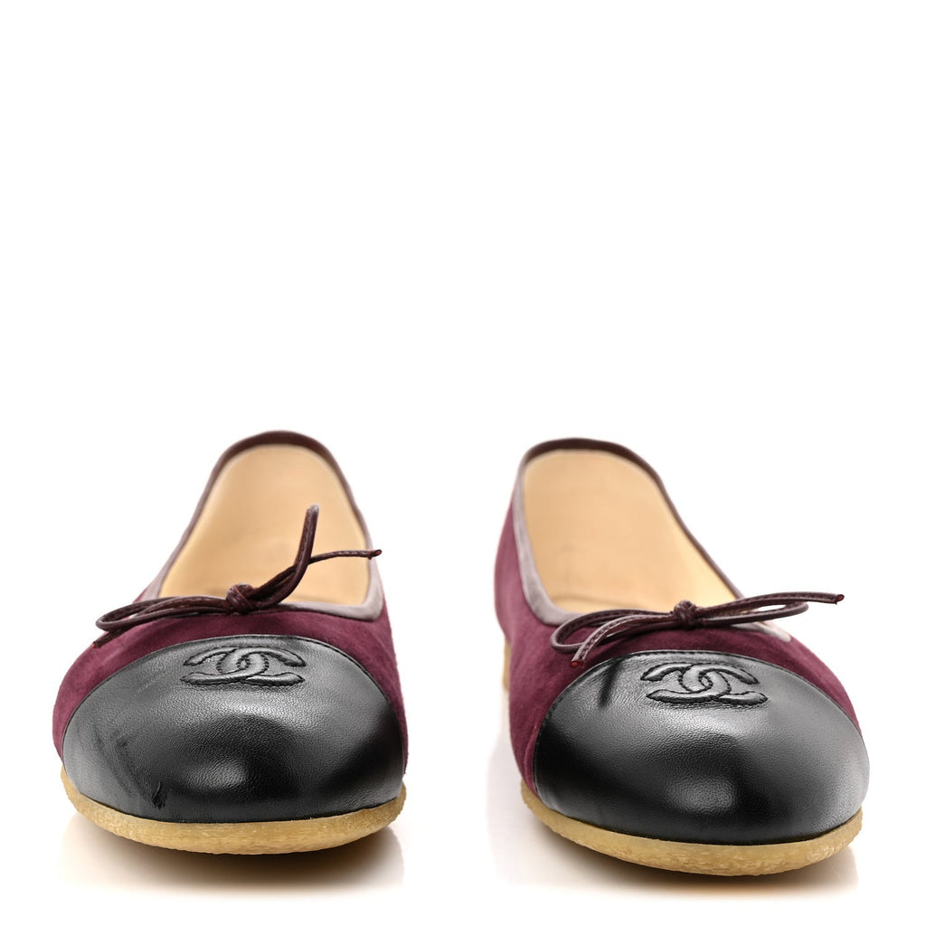 SUEDE LAMBSKIN CAP TOE CC BALLERINA FLATS BURGUNDY BLACK