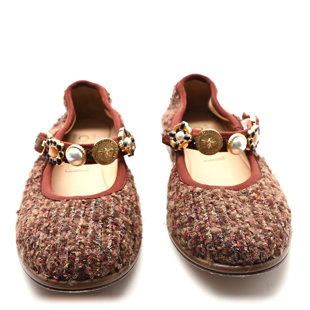 WOOL TWEED MARY JANE FLATS BROWN RED DARK BLUE