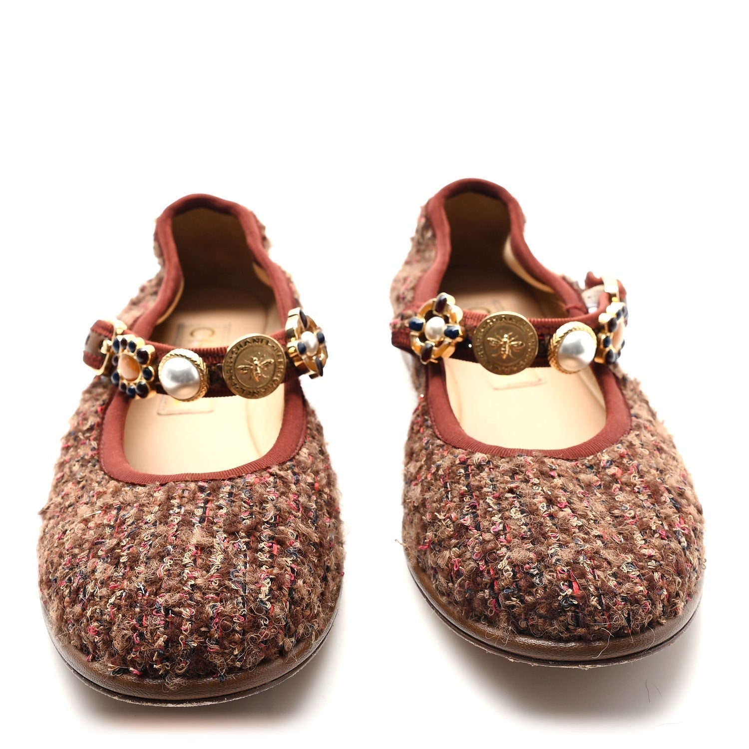 WOOL TWEED MARY JANE FLATS BROWN RED DARK BLUE
