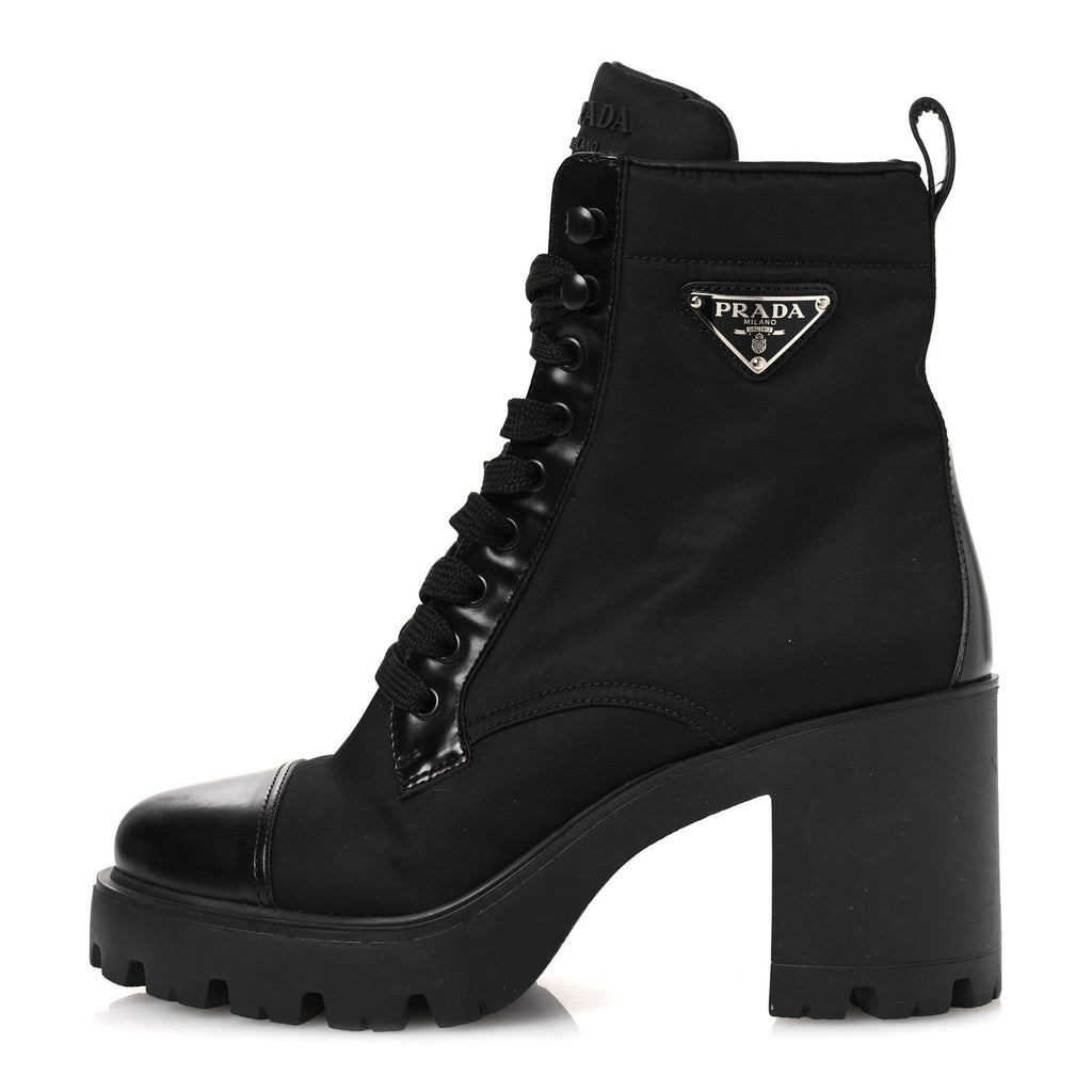 SPAZZOLATO RE-NYLON METAL TRIANGLE LOGO LACE UP 55MM ANKLE BOOTS BLACK