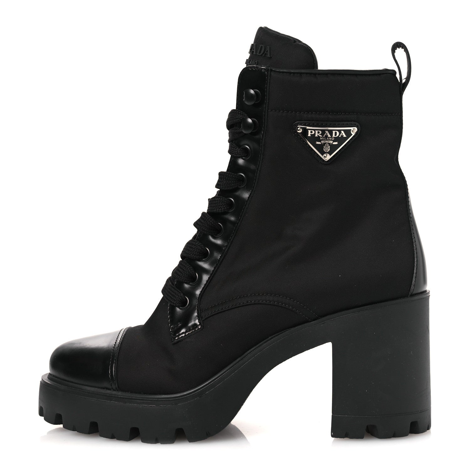 SPAZZOLATO RE-NYLON METAL TRIANGLE LOGO LACE UP 55MM ANKLE BOOTS BLACK