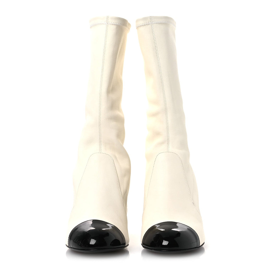 STRETCH LAMBSKIN PATENT CAP TOE PEARL BALL MID CALF BOOTS WHITE BLACK