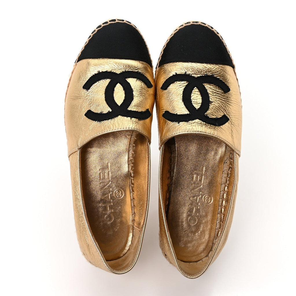 LAMINATED LAMBSKIN GROSGRAIN CC ESPADRILLES GOLD BLACK
