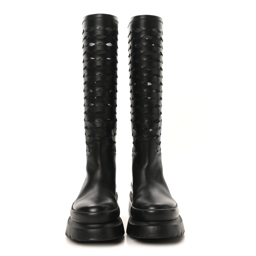 CALFSKIN MESH ROMAN STUD LASER CUT KNEE HIGH BOOTS BLACK
