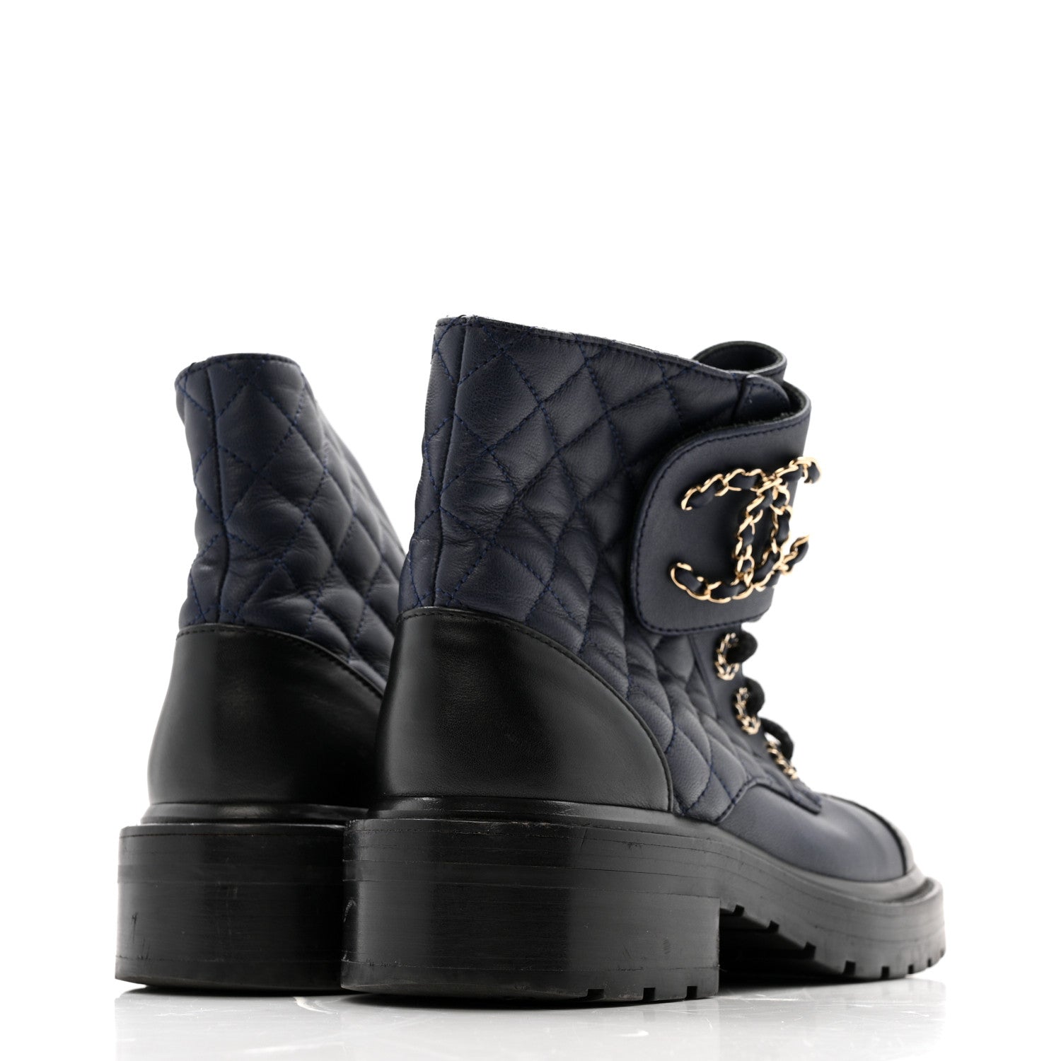SHINY LAMBSKIN QUILTED LACE UP COMBAT BOOTS NAVY BLACK