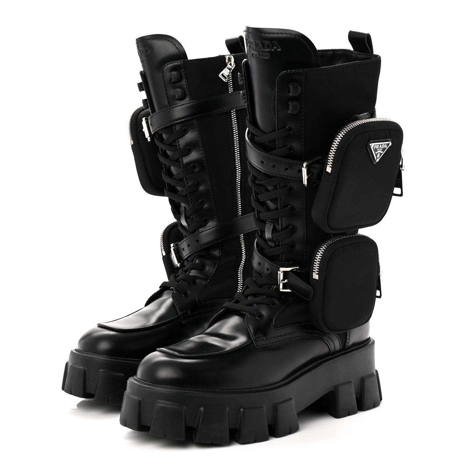 SPAZZOLATO ROIS RE-NYLON METAL TRIANGLE LOGO MONOLITH POUCH POCKET 55MM TALL COMBAT BOOTS BLACK