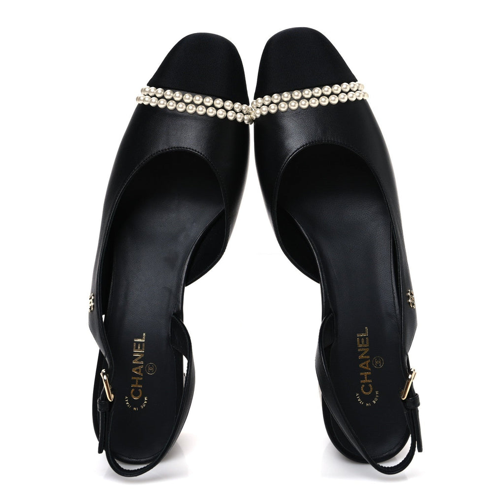 LAMBSKIN GROSGRAIN PEARL CAP TOE CC SLINGBACK PUMPS BLACK