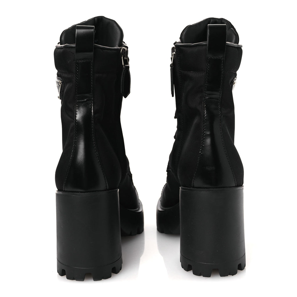 SPAZZOLATO RE-NYLON METAL TRIANGLE LOGO LACE UP 55MM ANKLE BOOTS BLACK