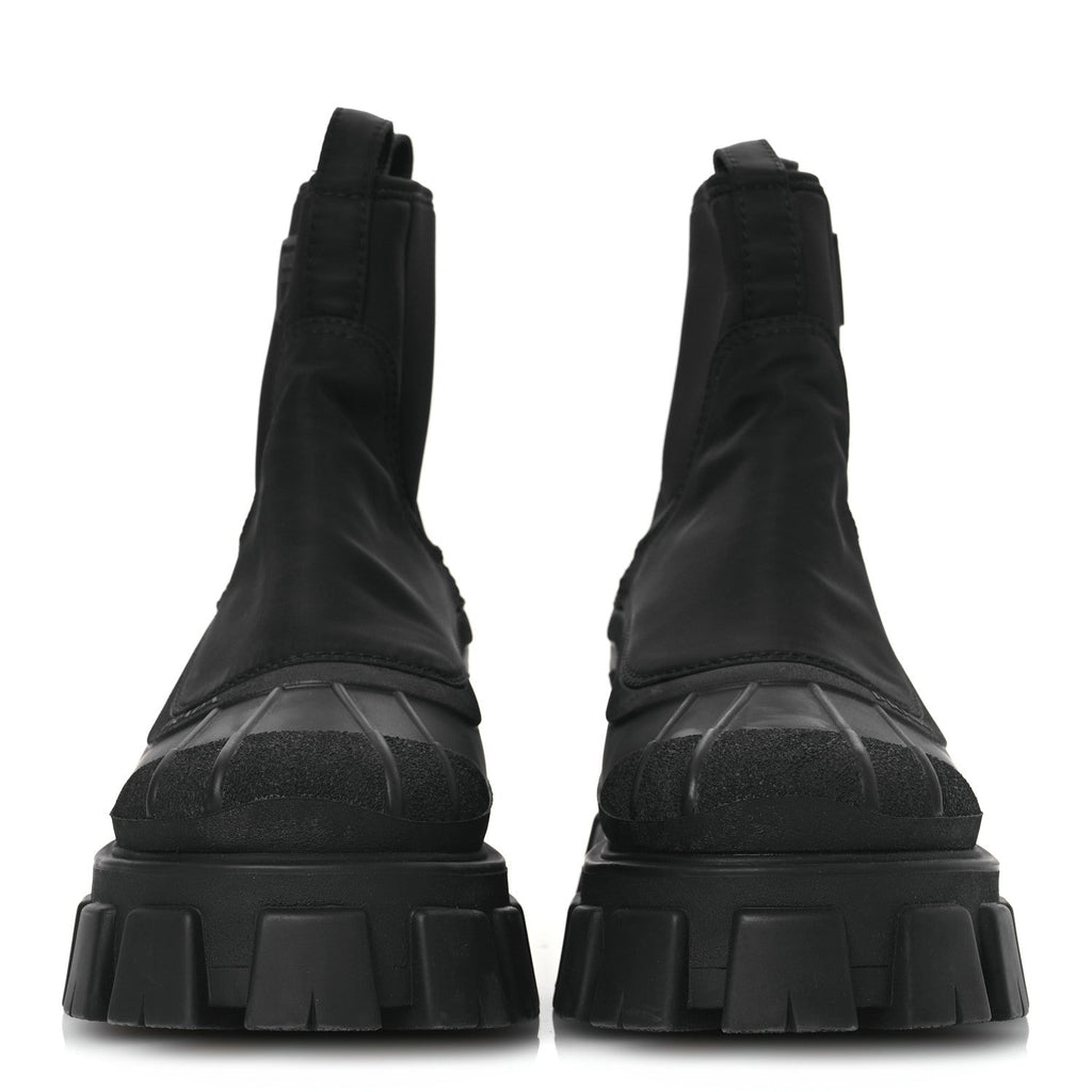 RE-NYLON GABARDINE RUBBER TRIANGLE LOGO WOMENS MONOLITH 55MM ANKLE BOOTS BLACK