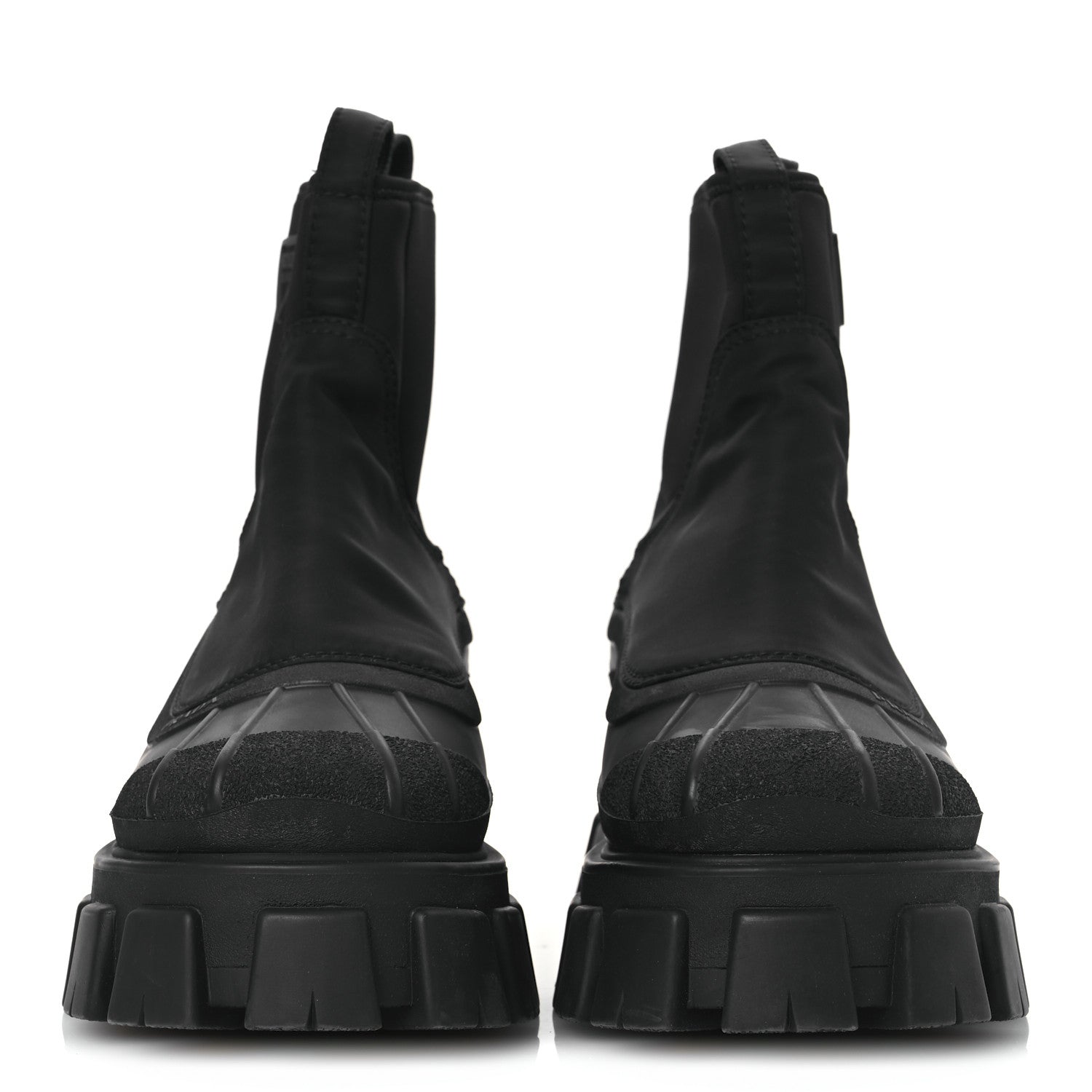 RE-NYLON GABARDINE RUBBER TRIANGLE LOGO WOMENS MONOLITH 55MM ANKLE BOOTS BLACK