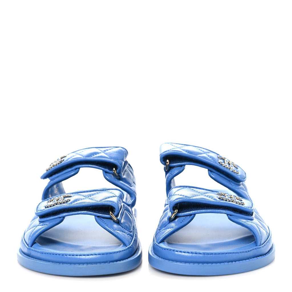LAMBSKIN QUILTED VELCRO DAD CHAIN CC SLIDE SANDALS BLUE