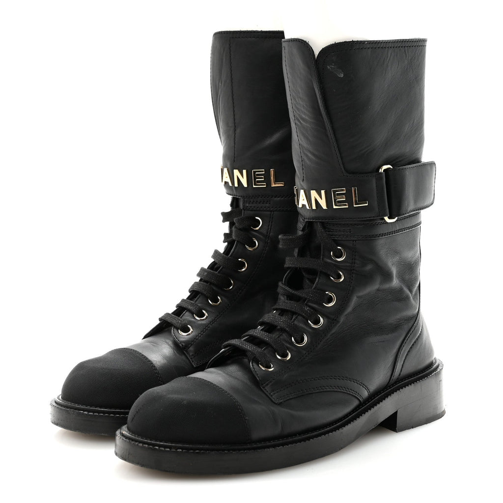 SHINY CALFSKIN LACE UP COMBAT BOOTS BLACK