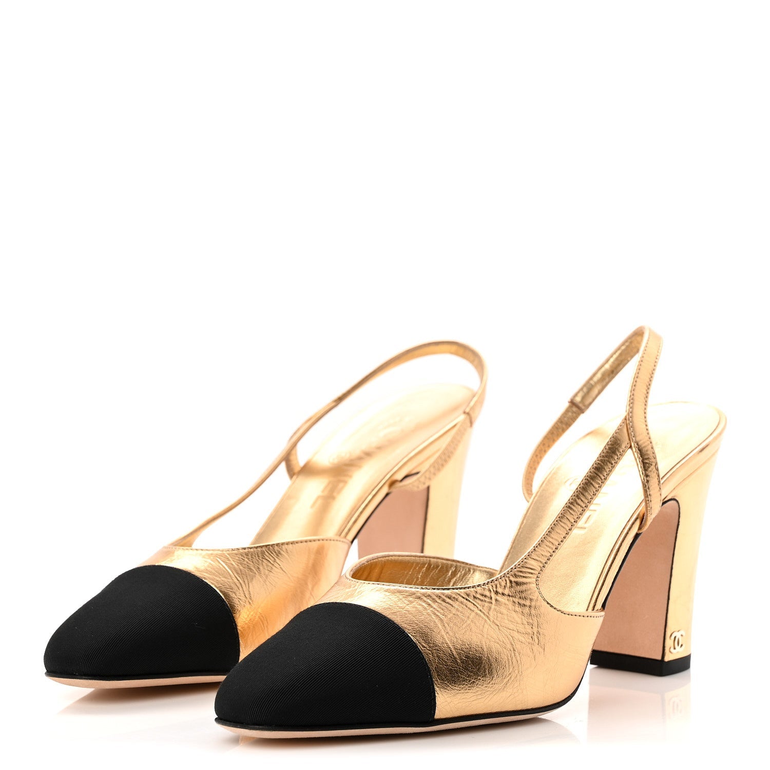 LAMINATED CRUMPLED LAMBSKIN GROSGRAIN CAP TOE CC SLINGBACK PUMPS GOLD BLACK