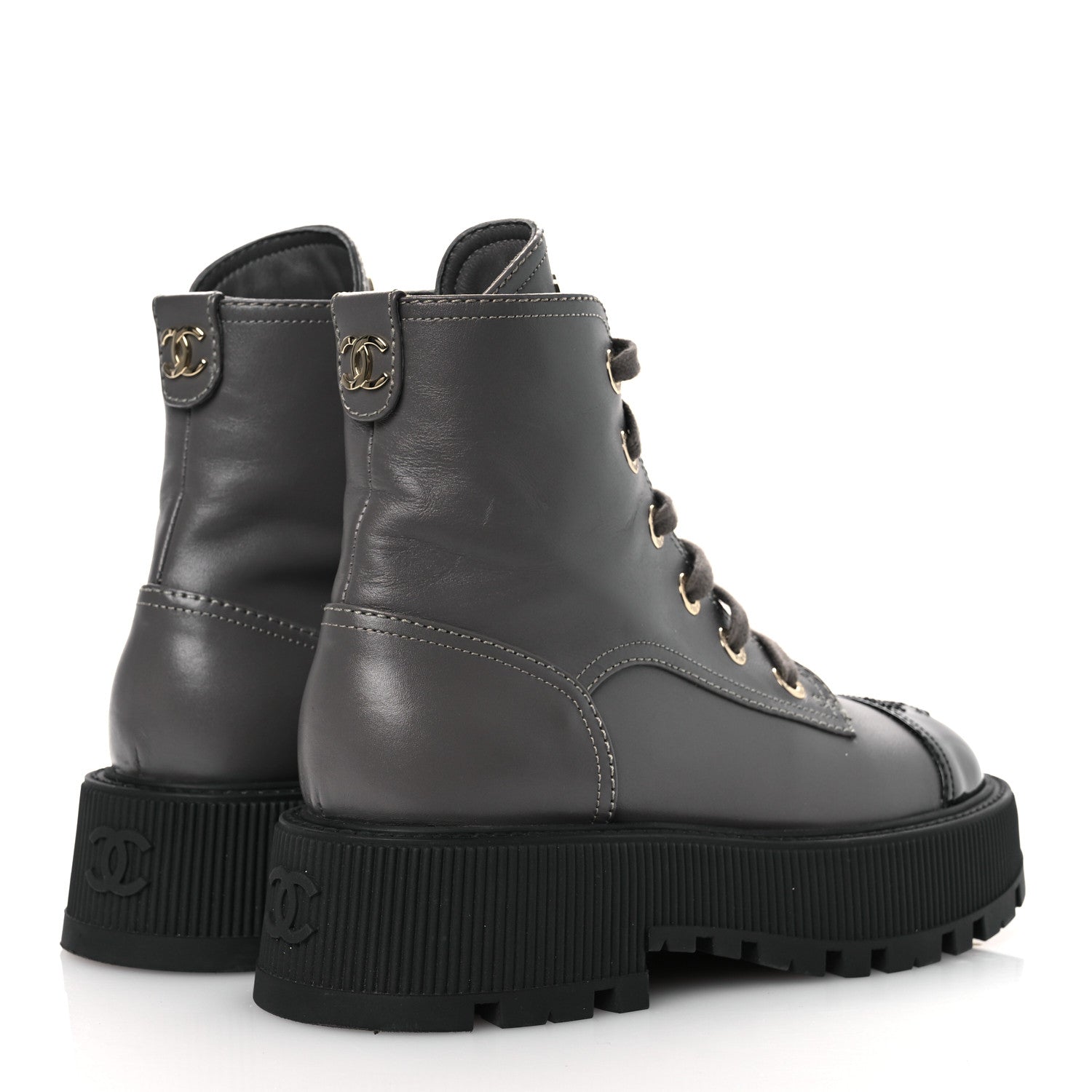 CALFSKIN PATENT CALFSKIN CC LACE UP COMBAT BOOTS GRAY BLACK