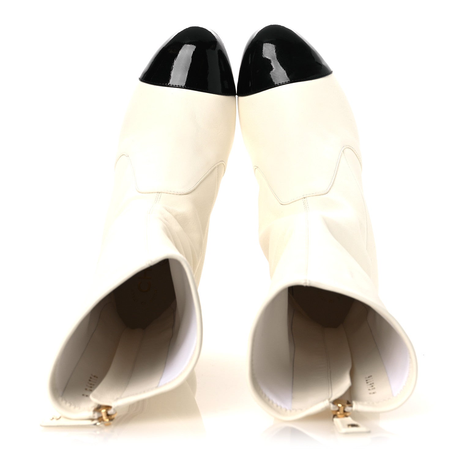 STRETCH LAMBSKIN PATENT CAP TOE PEARL BALL MID CALF BOOTS WHITE BLACK