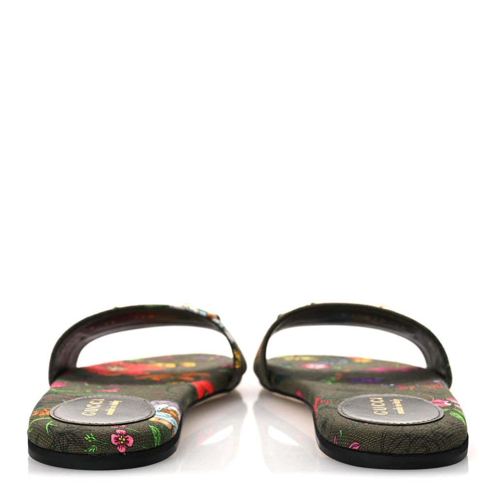 CANVAS FLORA FLORAL HORSEBIT SLIDE SANDALS GREEN