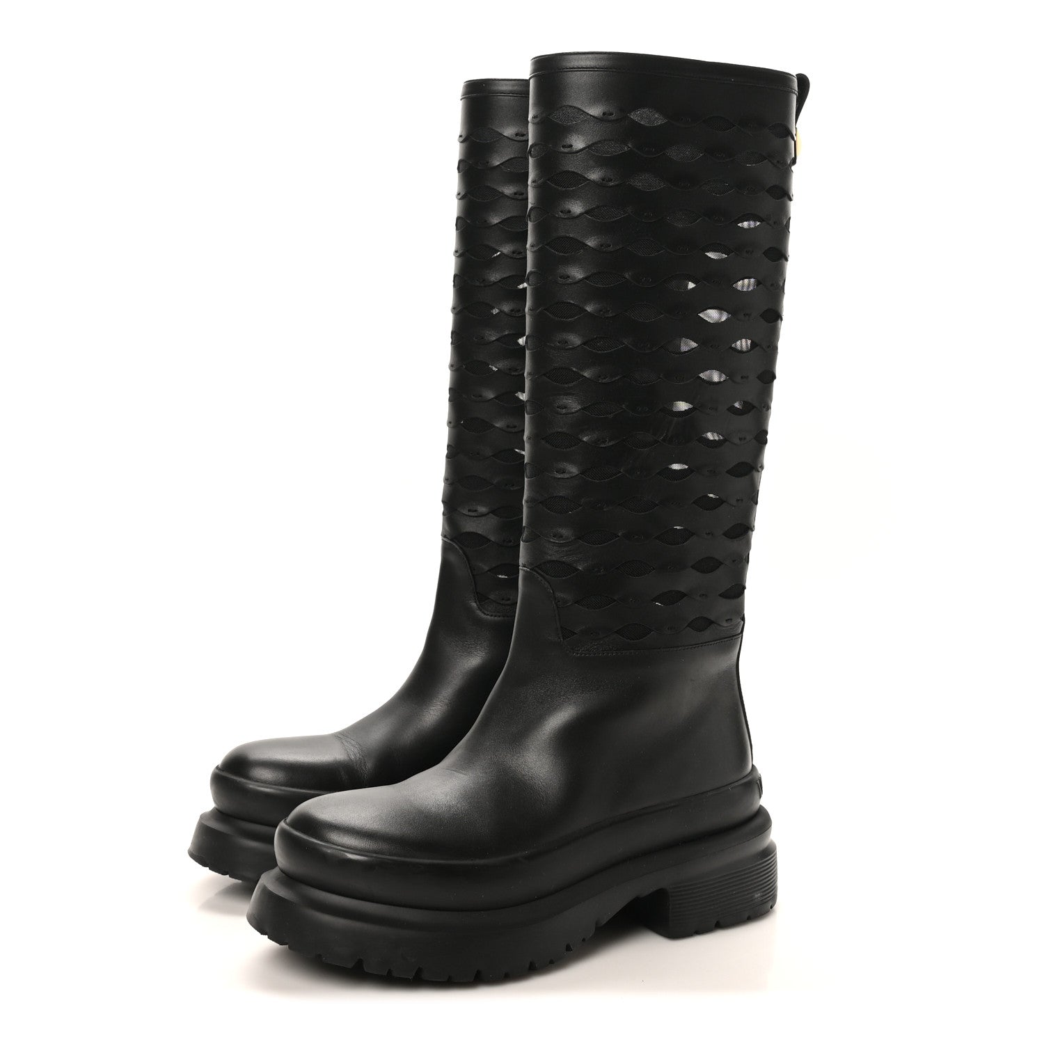 CALFSKIN MESH ROMAN STUD LASER CUT KNEE HIGH BOOTS BLACK