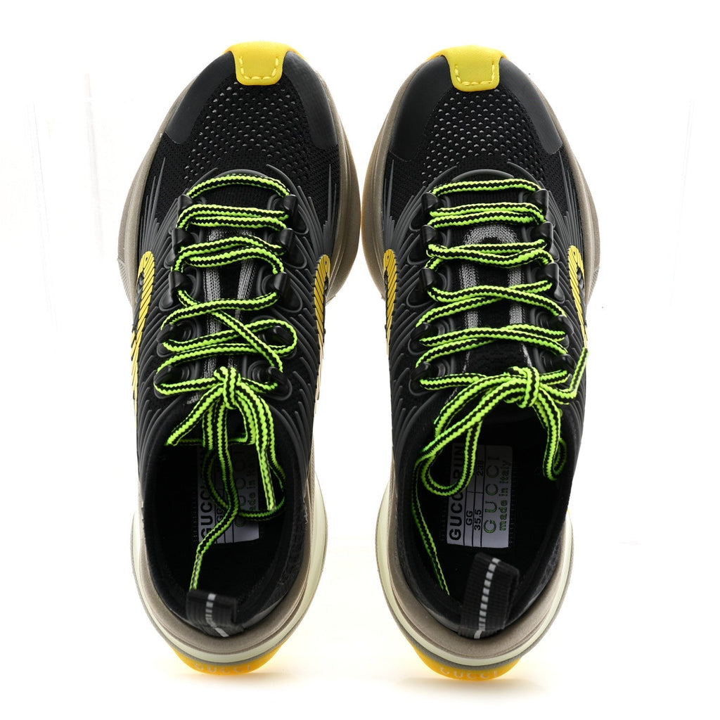 TECHNICAL KNIT FABRIC WAVES WOMENS GUCCI RUN SNEAKERS BLACK SILVER GIALLO NEON YELLOW