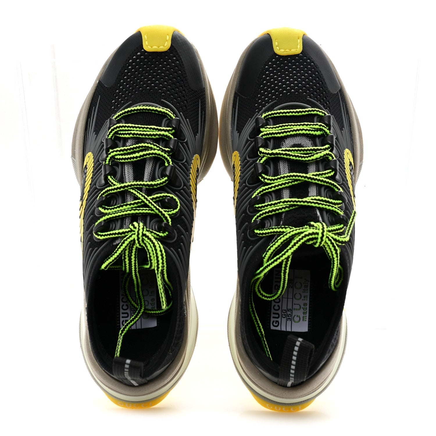 TECHNICAL KNIT FABRIC WAVES WOMENS GUCCI RUN SNEAKERS BLACK SILVER GIALLO NEON YELLOW