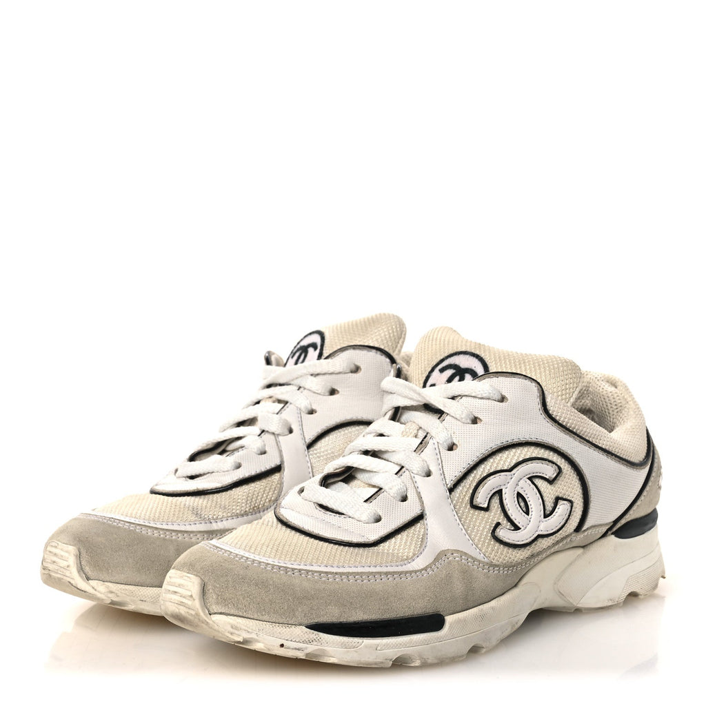 MESH SUEDE CALFSKIN GROSGRAIN WOMENS CC SNEAKERS WHITE BLACK