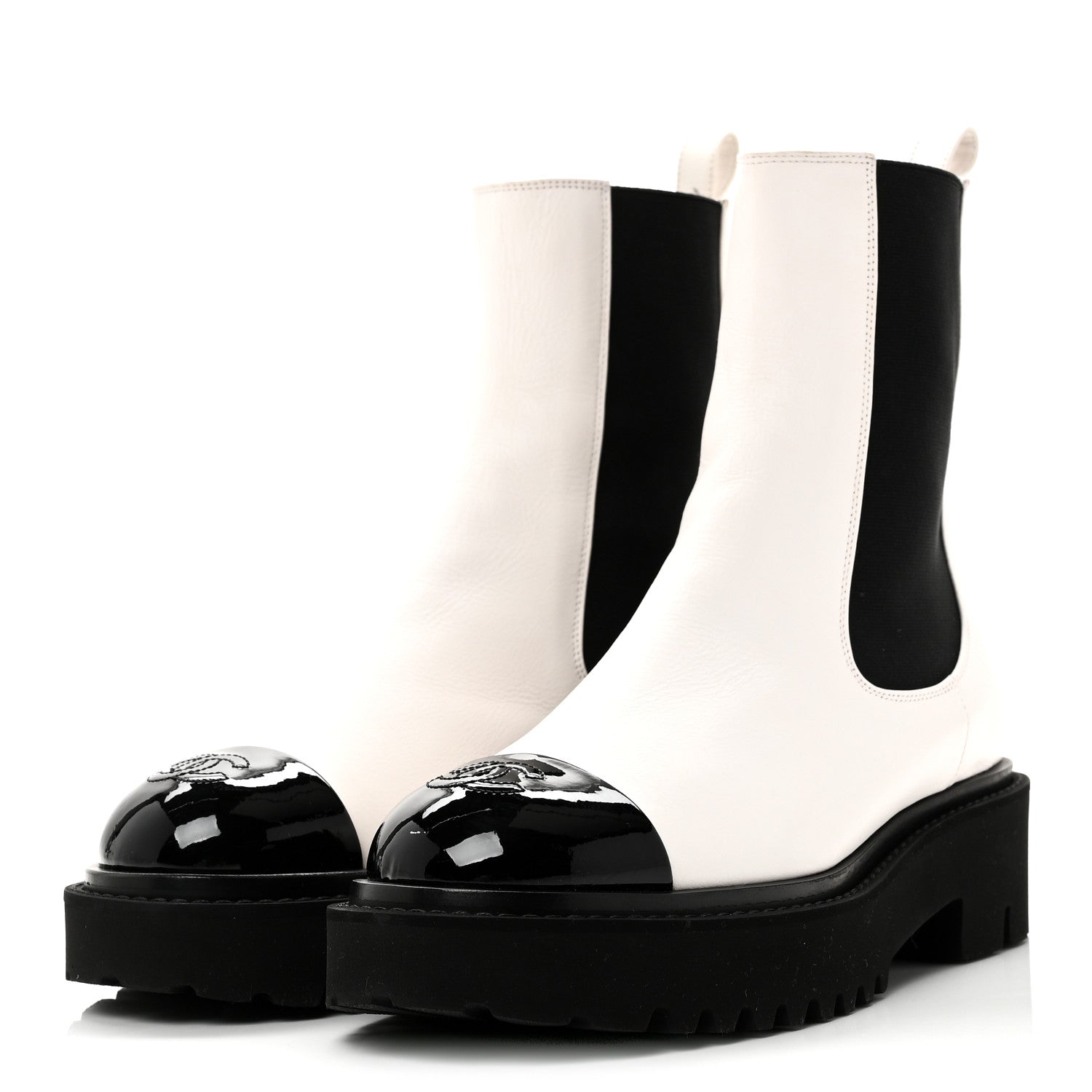 PATENT CALFSKIN CAP TOE CC ANKLE BOOTS WHITE BLACK