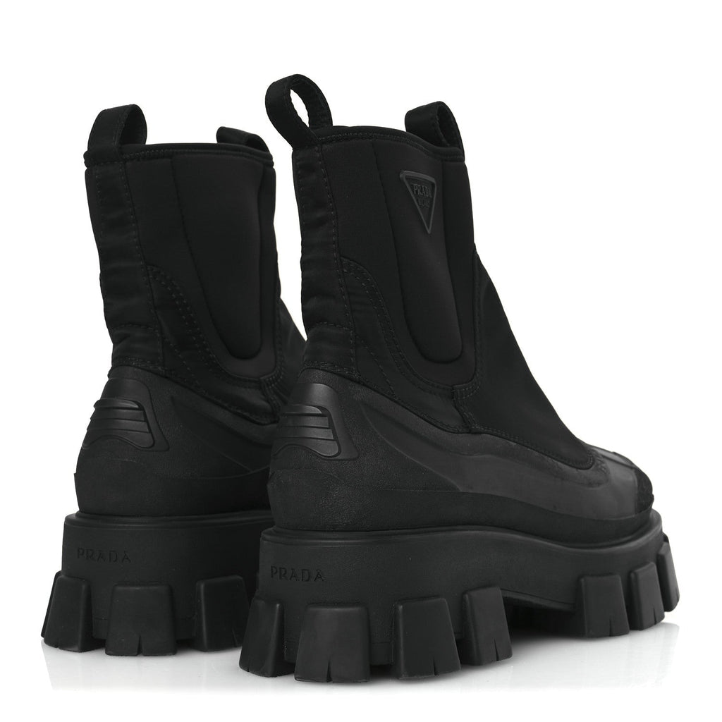 RE-NYLON GABARDINE RUBBER TRIANGLE LOGO WOMENS MONOLITH 55MM ANKLE BOOTS BLACK