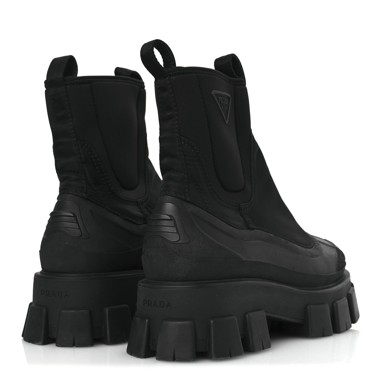 RE-NYLON GABARDINE RUBBER TRIANGLE LOGO WOMENS MONOLITH 55MM ANKLE BOOTS BLACK