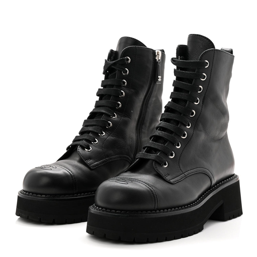 CALFSKIN CAP TOE LACE UP COMBAT BOOTS BLACK
