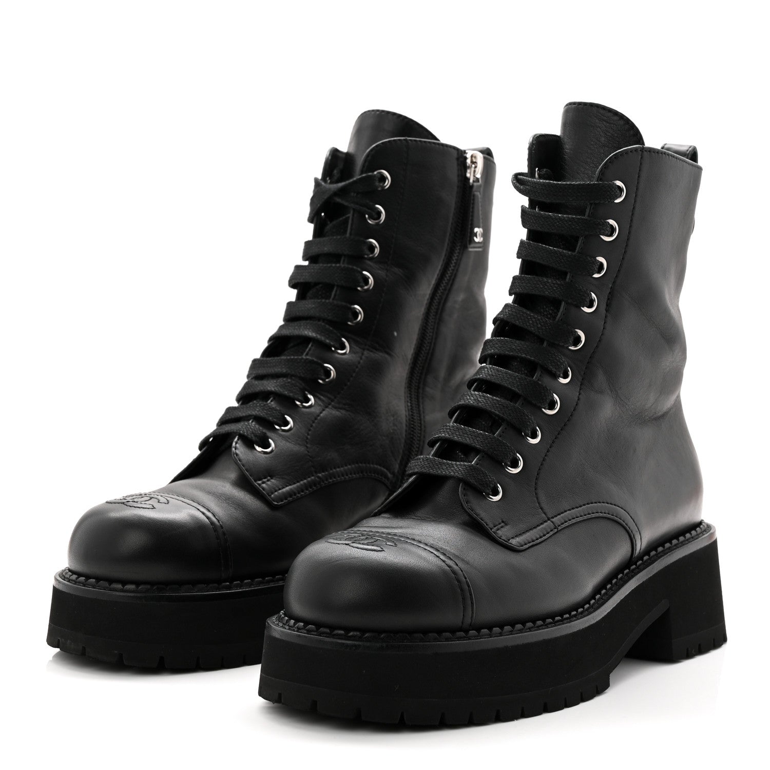 CALFSKIN CAP TOE LACE UP COMBAT BOOTS BLACK